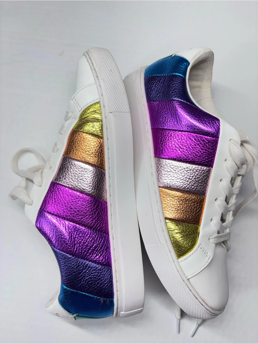 Kurt Geiger Metallic Rainbow Sneakers White Leather Iridescent Fun Leather 8.5